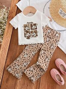 SHEIN Kids Young Girl Cartoon Rabbit Print Short Sleeve T-Shirt And Flare Pants Set Back-To-School School Summer - Multicolor - View 4