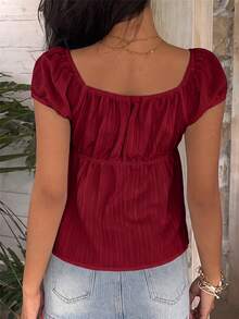 SHEIN EZwear 女款素色百褶休閒百搭日常穿著襯衫 - 紅色 - 查看 2