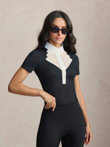 Activina Women's Stand Collar Black & White Mesh Patchwork Short Sleeve Button Half-Open Placket Equestrian Top Daily Wear  Pickleball Tennis Golf - Black and White - View 8