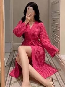 DAZY 夏秋款女式寬鬆蕾絲拼接格紋長款睡裙 - 玫紅色 - 查看 4