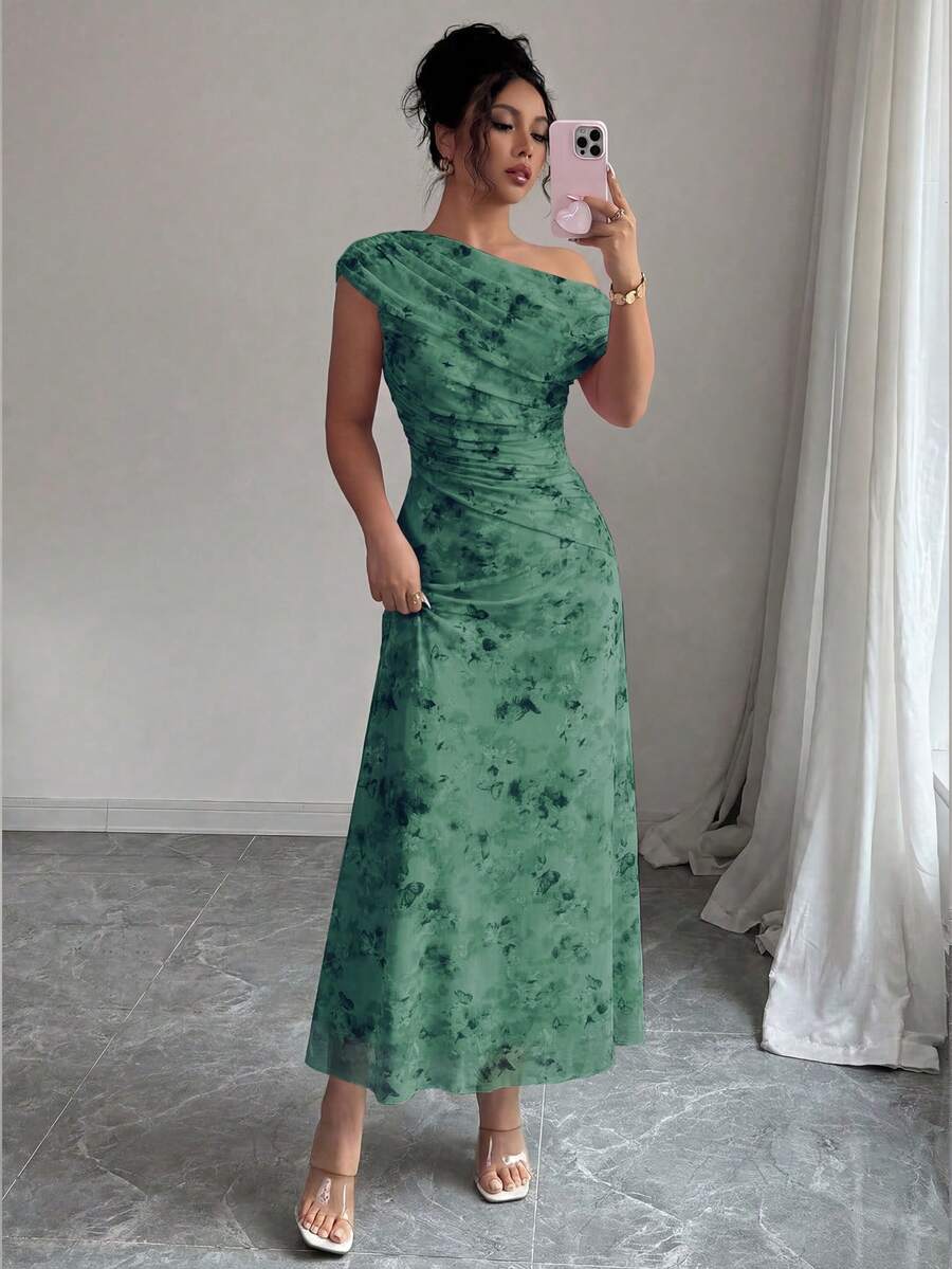 Modelyn 女款粉色花卉蝴蝶印花網紗不對稱單肩抓皺浪漫夏季優雅中長洋裝 - 軍綠色 - 查看 1