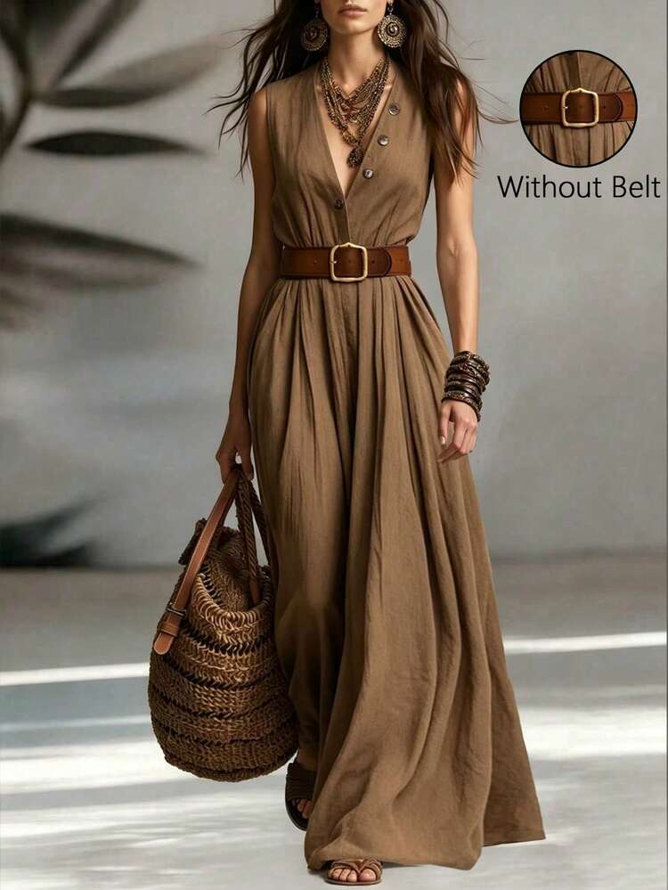 SHEIN Holidaya 女款春夏通勤優雅V領無袖收腰長洋裝，深V領無袖設計，修飾肩頸線條，配色鈕扣門襟，簡約大方，兼具設計感與實用性，通勤優雅V領無袖收腰長洋裝，成熟風格卡其色顯瘦A字大裙擺長洋裝，極簡高端質感無袖洋裝，百搭溫柔風彈性腰身素色長裙 - 棕色 - 查看 1