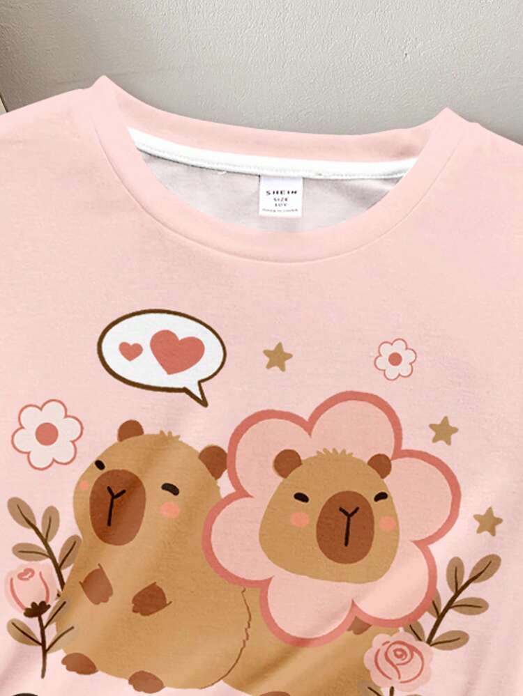 Cute Sweet Capybara Print, Pink Floral Dopamine, Young Girls Casual Minimalist Slim Fit Round Neck Short Sleeve Long Pants Loungewear Suitable For Summer Y2K, Cute, Party, Casual, Daily, Vacation, Adorable, Comfortable, Relaxed - Multicolor - View 6
