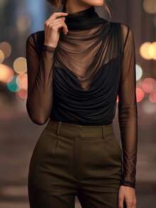 Editum Women's Sexy Sheer Long Sleeve High Neck Top, Elastic Mesh Ruched Design, Suitable For Evening Night Out, Date, Work And Daily Wear, Black Autumn// - Black - View 3