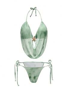 SHEIN Swim 金屬海星裝飾時尚優雅掛脖綁帶比基尼兩件式泳衣套裝附裙襬，適合海灘度假 - 彩色 - 查看 3