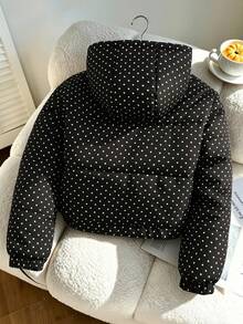 SHEIN 青少年女孩冬季外套，女孩冬季黑色復古波點填充外套，羊羔絨內裡加厚，連帽，領子，休閒，秋季，長袖 - 黑色 - 查看 2