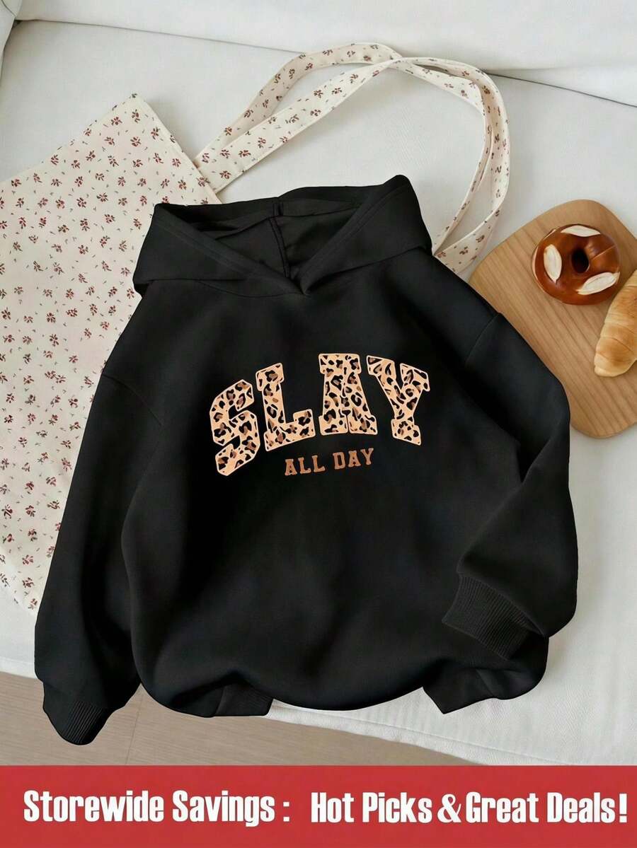 SHEIN 女童休闲时尚豹纹字母卫衣,秋冬季,图案T恤,冬季服装,秋季时尚卫衣,猫咪爱心秋季时尚卫衣,猫咪爱心秋季时尚卫衣,猫咪爱心秋季时尚卫衣,猫咪爱心 - 黑色 - 查看 1