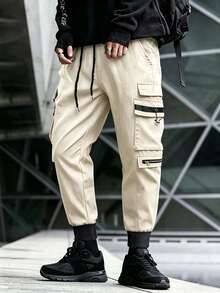 Manfinity Roghcode Men's Drawstring Waist Casual Versatile Daily Wear Cargo Pants - Beige - View 3