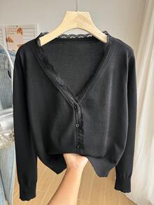 Comfortcana Autumn/Winter Sexy Deep V-Neck Solid Color Button Cardigan Plus Size - Black - View 4