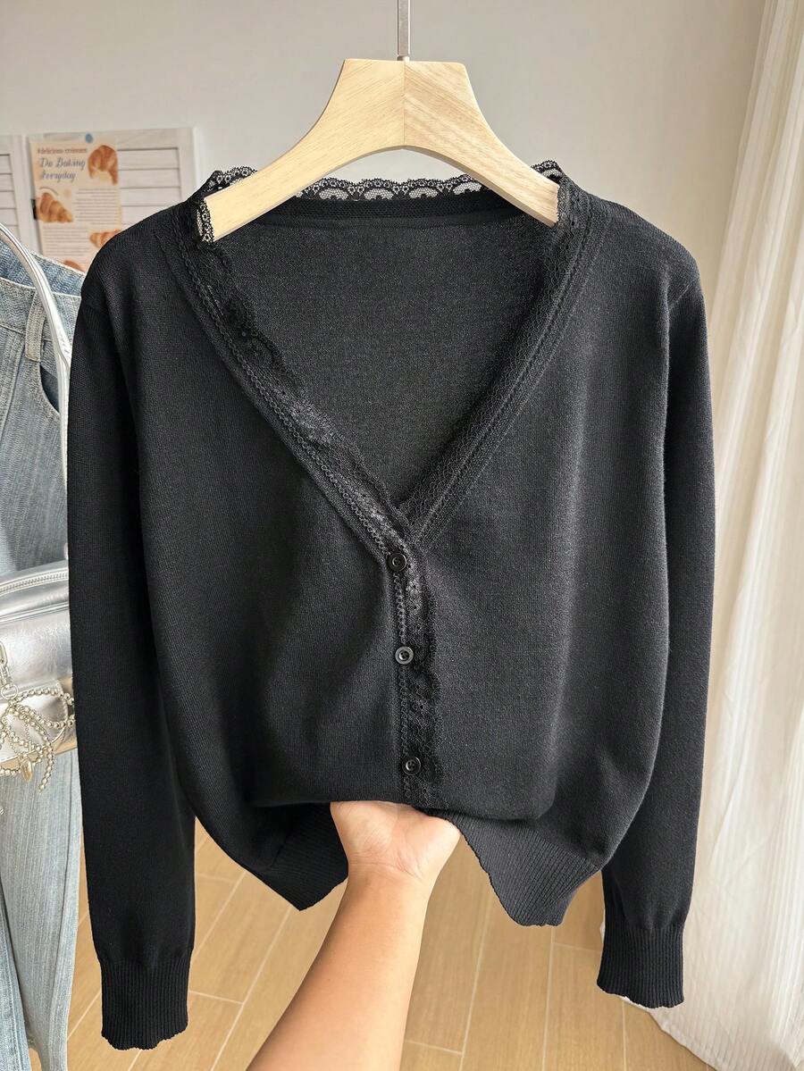 Comfortcana Autumn/Winter Sexy Deep V-Neck Solid Color Button Cardigan Plus Size - Black - View 1