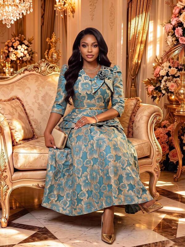 Fleurora Plus Size Elegant Party Wedding Guest Jacquard Top And Skirt Two Pieces Set Teal Winter
