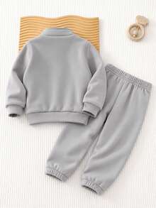 2pcs Boys Fashion Casual Minimalist Half-Zip Stand Collar Sweatshirt & Sweatpants Set, Daily Wear - Light Grey - View 2