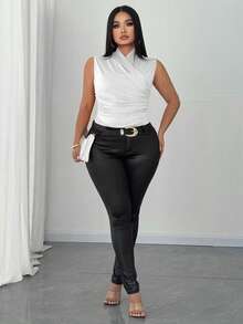 Elenzga Plus Size Women Solid Color Sleeveless Fitted Ruched Neckline Cross Strap Top - White - View 5
