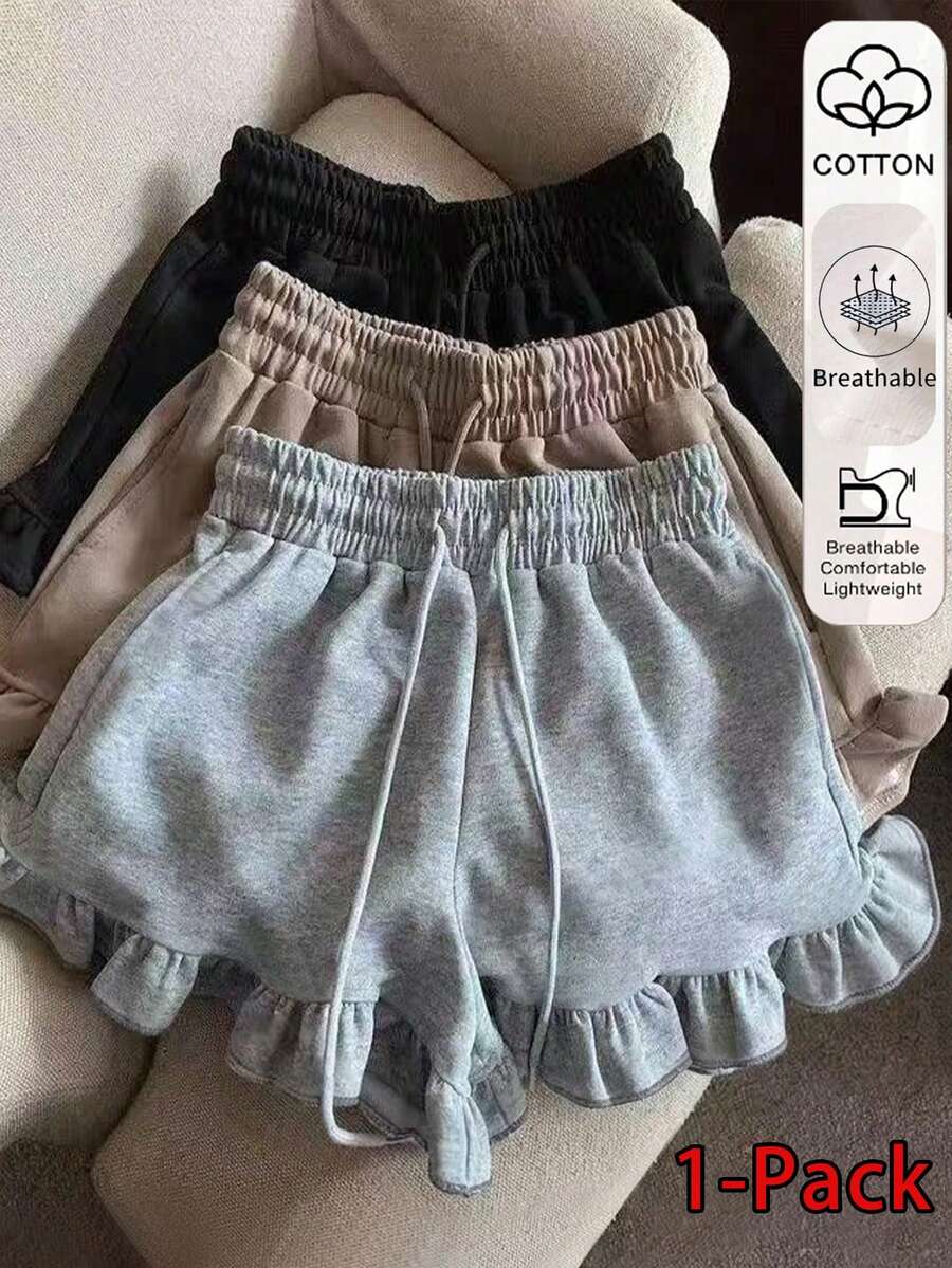 Resyla Women's Summer Casual Solid Color Ruffled Hem Drawstring Waist Shorts - Grey - View 1