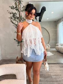 Dayanna Comas Atasan Wanita Elegan dengan Kerah Tegak dan Trim Ruffle Berlapis-lapis, Atasan Kasual Musim Panas - Putih - View 4