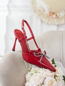 CUCCOO HITCHD Red Glossy Patent Leather Pointed Back Empty Rhinestone Bow Thin Strap Metal Buckle Wedding Shoes, Bridal Wedding Banquet Dating Temperament Fashion - Red - View 7