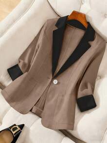 GlowEve CURVE Plus Size Elegant Fitted Notch Lapel Blazer, Single-Breasted Colorblock Casual Business Jacket, Autumn/Winter - Brown - View 7