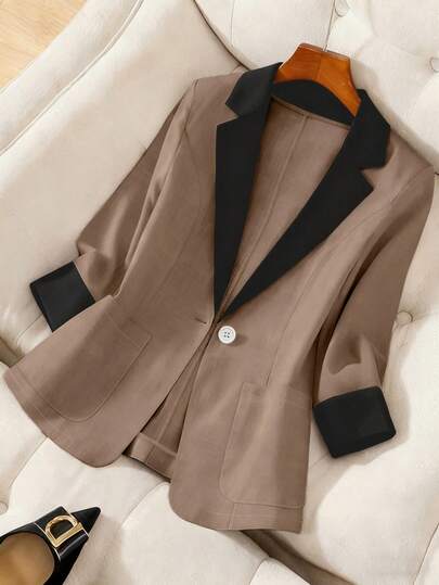 GlowEve CURVE Plus Size Elegant Fitted Notch Lapel Blazer, Single-Breasted Colorblock Casual Business Jacket, Autumn/Winter