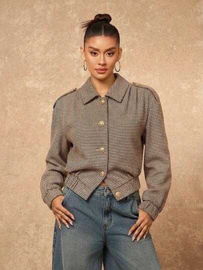 Lumalex Houndstooth Bomber Blazer Spread Collar Gold Buttons Long Sleeves Elastic Hem Relaxed Tailored Fit,Autumn And Winter