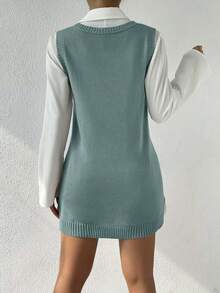 EURMUSE V-Neck Solid Color Casual Versatile Ribbed Knit Sweater Vest - Green - View 2
