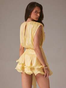 L'Amorae Women's Ruched Waist Tie Neck Sleeveless Mini Dress For Parties Silky, Elegant Vacation Wedding, Formal Dress, Chic, New Year, Party, Summer, Birthday - Yellow - View 2