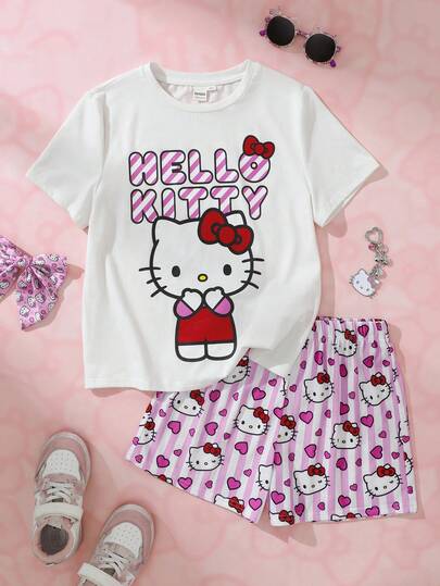 HELLO KITTY AND FRIENDS | SHEIN Maglietta a maniche corte con stampa cartoni animati e pantaloncini, outfit casual quotidiano per ragazze pre-adolescenti