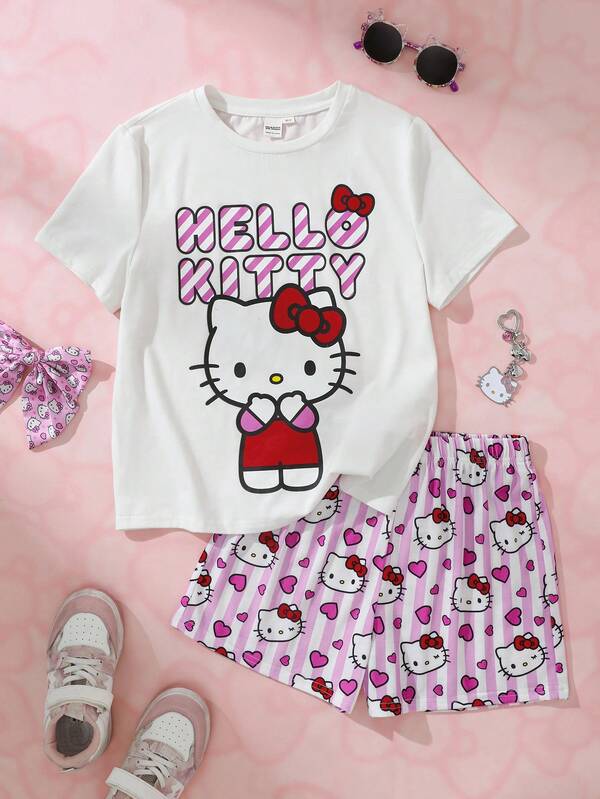 HELLO KITTY AND FRIENDS | SHEIN Tween Kız Çocuk Karikatür Baskılı Kısa Kollu Tişört ve Şort Günlük Casual Takım