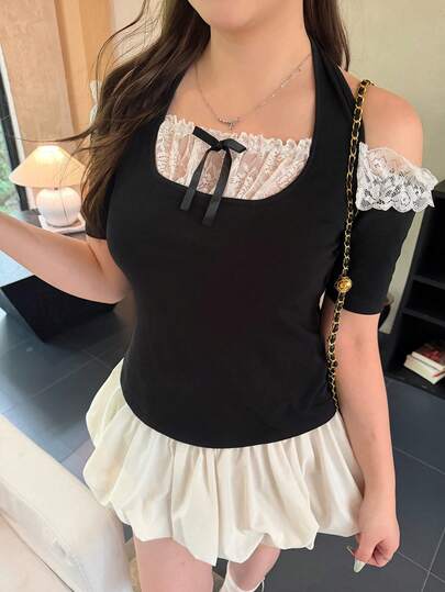 Bijouette Plus Size Women's Fashion Casual Elegant Romantic Daily Lace Patchwork Halter Neck Knit Cotton-Feel Top