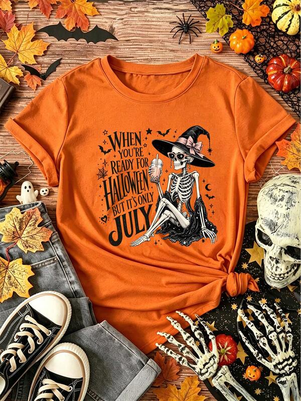 Rovax Womens Orange Halloween Skeleton Witch Boba Print Crew Neck Short Sleeve T-Shirt Summer Gothic Funny Holiday Style Daily Party Vacation Loose Fit Tee