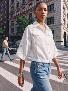 Maija All White Subtle Long Sleeve Fall Shirt Collar Women's Lightweight Jacket With Shell Button Decor Elastic Hem Casual Chic Everyday Travel - White - View 1