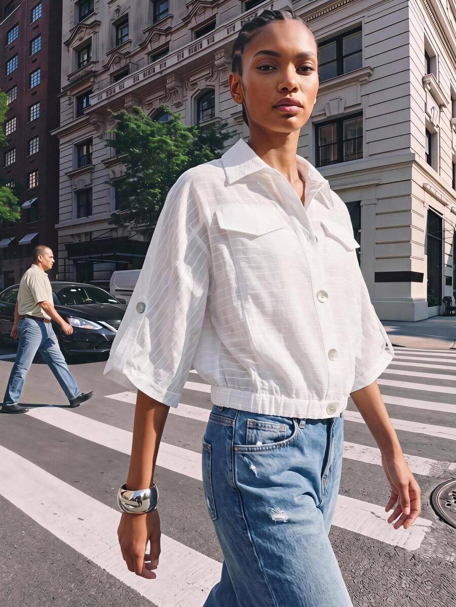 Maija All White Subtle Long Sleeve Fall Shirt Collar Women's Lightweight Jacket With Shell Button Decor Elastic Hem Casual Chic Everyday Travel - White - View 1