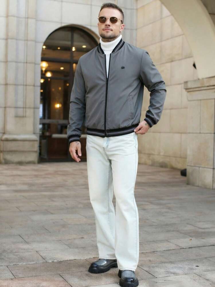 Manfinity CasualCool Men's Casual Colorblock Striped Jacket, Autumn - Light Grey - View 4