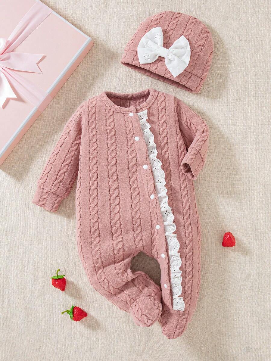 SHEIN Autumn/Winter Newborn Bow Print Cute Baby Romper + Hat - Dusty Pink - View 1