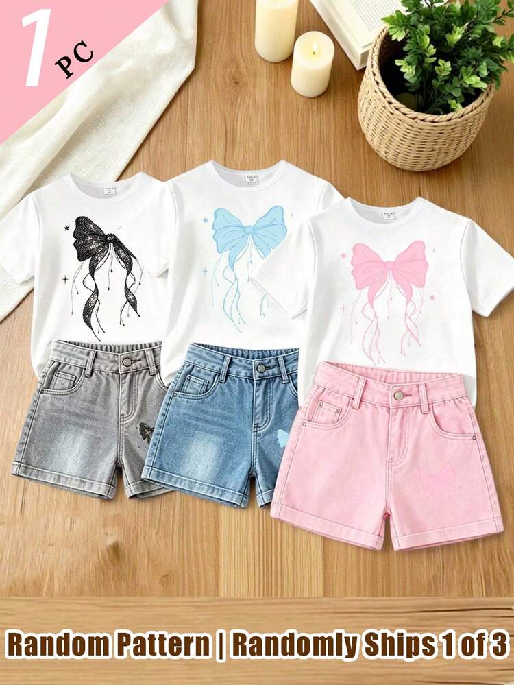 (Random 3 Pcs, Send 1 Pc) Summer Baby Girl Refreshing Minimalist Colorful Star & Bow Print Basic Short Sleeve T-Shirt - White - View 1