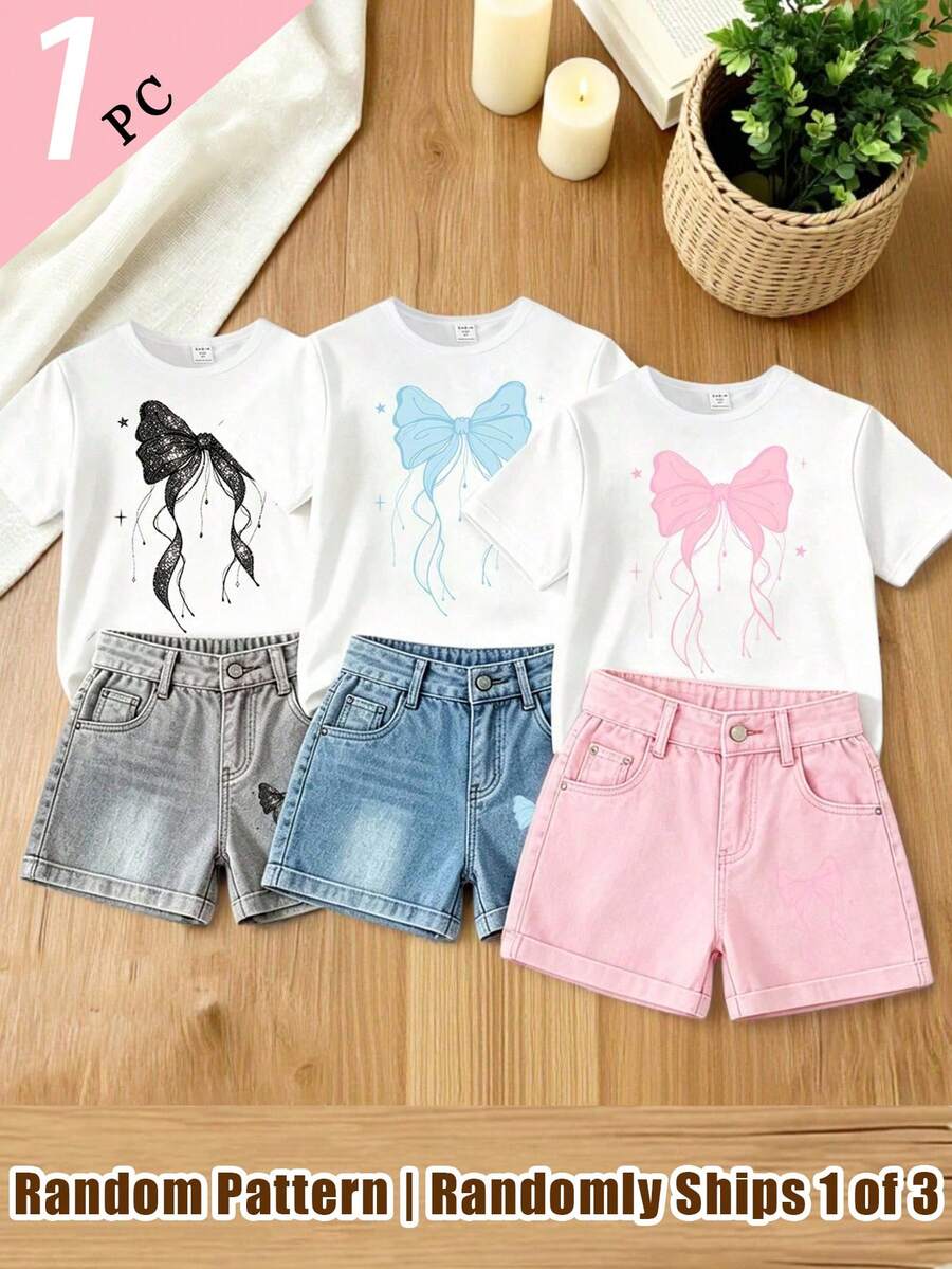 (Random 3 Pcs, Send 1 Pc) Summer Baby Girl Refreshing Minimalist Colorful Star & Bow Print Basic Short Sleeve T-Shirt - White - View 1
