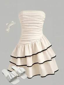 SHEIN Girlism Set de 2 vestidos casuales de verano para niñas preadolescentes con dobladillo de volantes de color contrastante, adecuados para el transporte diario, reuniones familiares, salidas y vacaciones - Albaricoque - Ver 7
