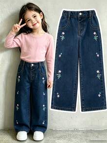SHEIN Playful Pals Girl's Autumn And Winter Blue Washed Wide Leg Pants, Exquisite Flower Embroidery, Cotton Fabric, Suitable For Back To School Season, Daily Wear - Blue - View 3