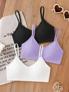 SHEIN Tween Girl Tween Girl 3pcs Tween Girls' Simple Basic V-Neck Padded & Breathable Lingerie Set White - Multicolor - View 3
