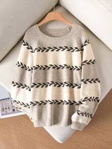 CosyJoli Plus Size Women's Striped Crew Neck Raglan Long Sleeve Loose Pullover Sweater - Multicolor - View 3