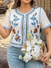 Vionelle Damen T-Shirt in Großen Größen, Französischer Lässiger Eleganter Stil, Muster, Rundhals, Kurzarm - Aprikosenfarben - Übersicht 4