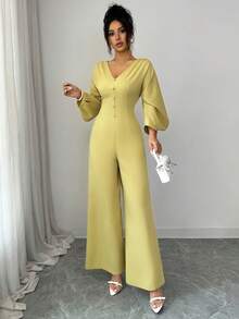 Elenzga Women's Solid Color V-Neck Casual Jumpsuit For Daily Wear - Mustard Yellow - View 3