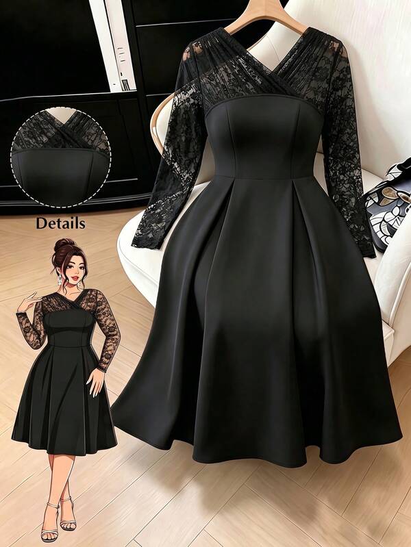 Cravure Plus Size Women's Autumn Long Sleeve Patchwork Waist-Cinching A-Line Dress, Minimalist Versatile For Birthday Party, Banquet, Photo Shoot, Graduation Season