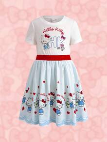 HELLO KITTY AND FRIENDS | SHEIN 1 buah Gaun Anak Perempuan Lucu dan Imut dengan Motif Kartun Blok Warna - MultiWarna - View 3