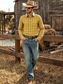 DREXORIN Men's Street Fashion Plaid Single-Breasted Long Sleeve Shirt - Yellow - View 5