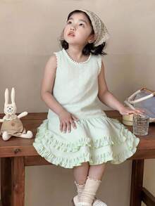 SHEIN Genkimix Kids 女童夏季法式鄉村風舒適3D提花面料荷葉邊無袖背心洋裝，適合日常穿著 - 綠色 - 查看 5