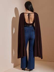 SHEIN BAE CURVE 大尺碼女款棕色抓皺綁帶連身衣，優雅連身衣 - 棕色 - 查看 1