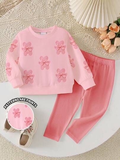 SHEIN Playful Pals Baby Girls 2 Pieces Set Cute Bear Bow Faux Embroidery Print Crew Neck Long Sleeve Sweatshirt Top Ribbed Leggings Autumn/Winter Pink Light Pink