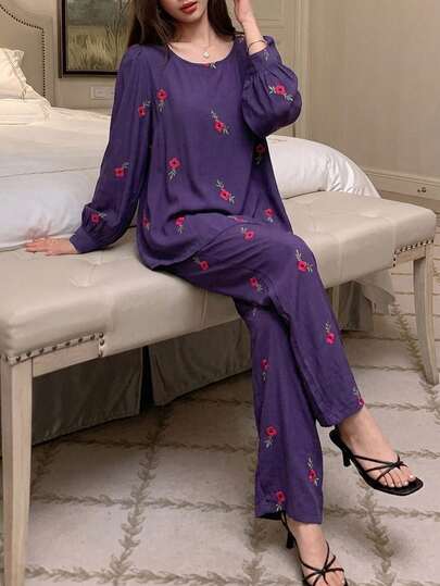 DAZY Set Piyama Wanita 2 Potong: Atasan Lengan Panjang Motif Bunga & Celana Panjang Lurus
