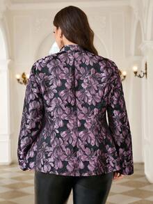 Reflora Plus Size Women Elegant Vintage Jacquard Long Sleeve Blazer Jacket Evening Office Wedding Guest Black Summer Fall - Purple - View 2