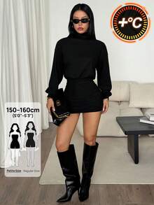 SHEIN PETITE High Neck Drop Shoulder Pleated Bodycon Dress - Black - View 8